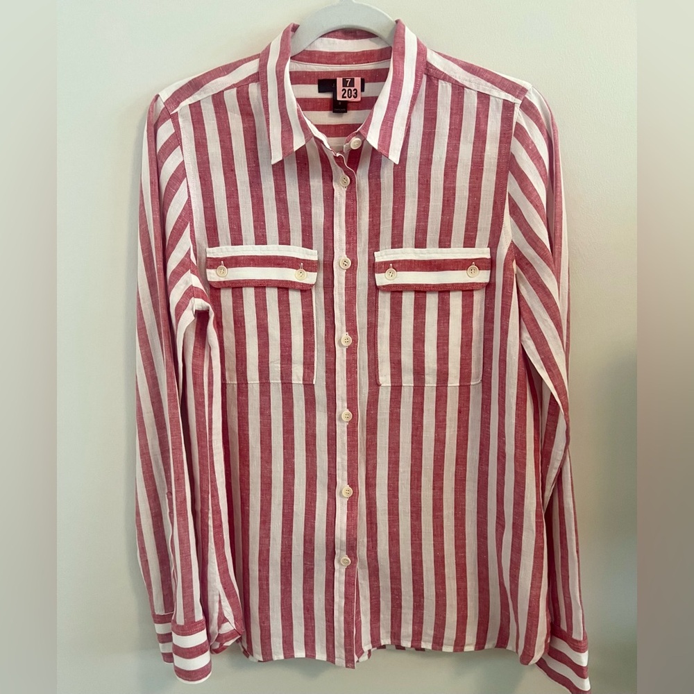 J Crew Linen Button Down - Red and White